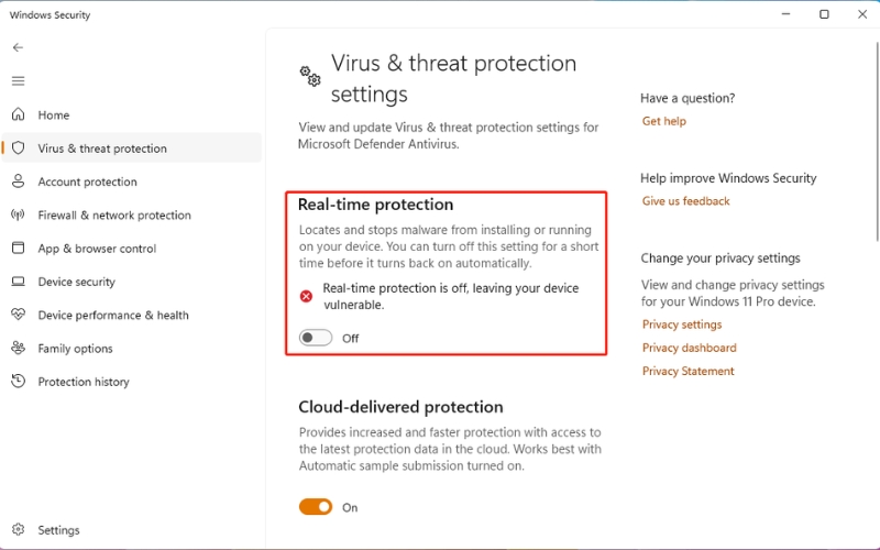 Tắt Real-time protection