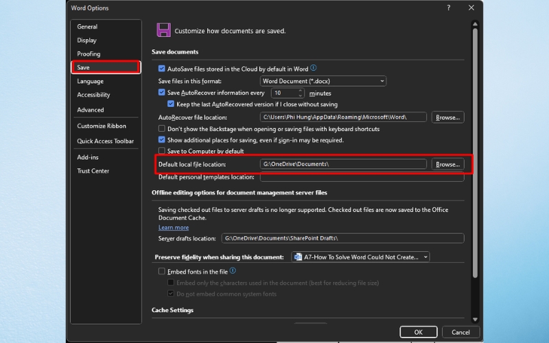 Thay đổi vị trí lưu mặc định